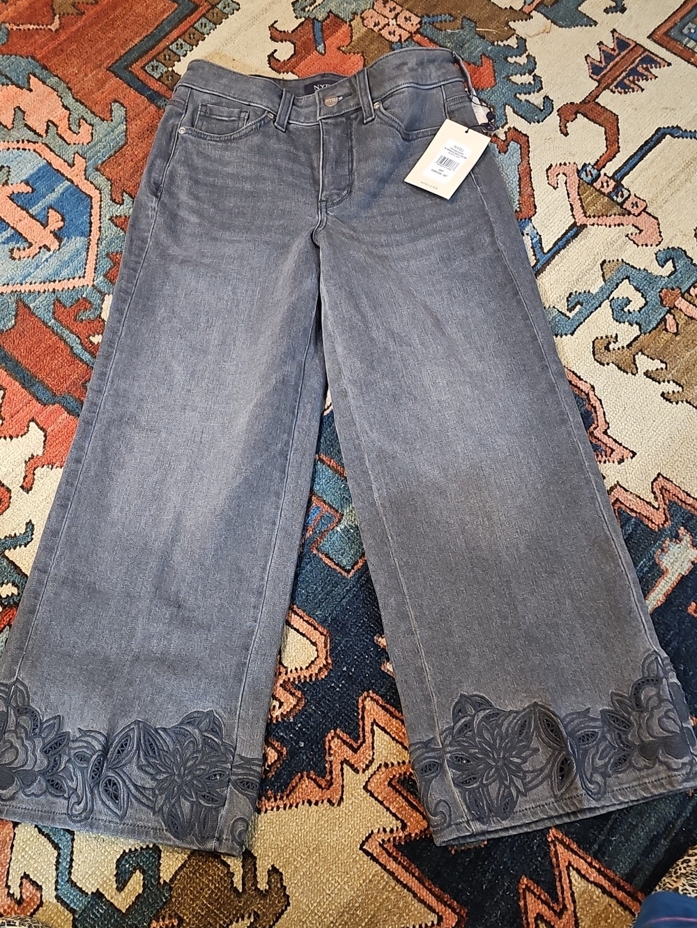 NYDJ Gray Wide-Leg Jeans with Embroidered Hem Lift Tuck